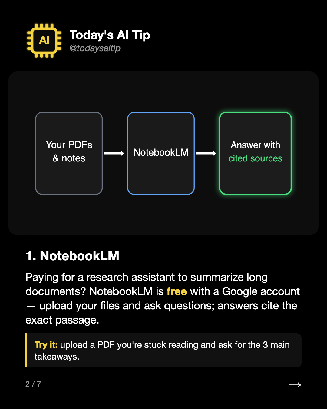 1. NotebookLM. Paying for a research assistant to summarize long documents? NotebookLM is free with a Google account — upload your files and ask questions; answers cite the exact passage.