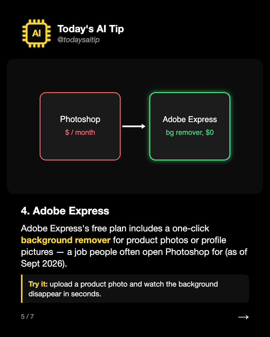 4. Adobe Express. Adobe Express's free plan includes a one-click background remover for product photos or profile pictures — a job people often open Photoshop for (as of Sept 2026).