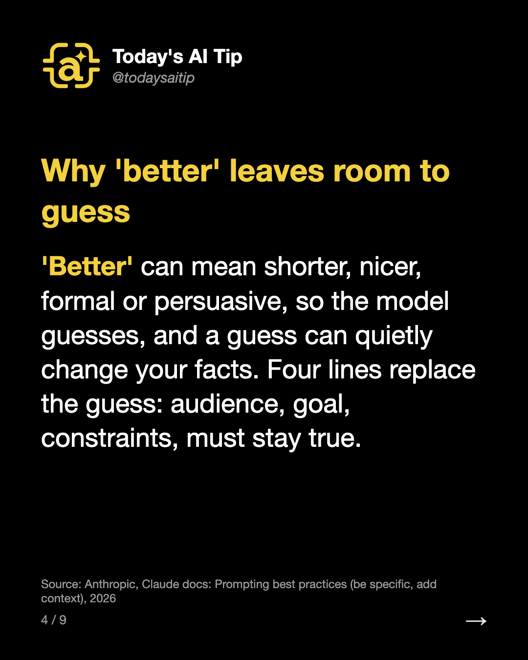 Why 'better' leaves room to guess. 'Better' can mean shorter, nicer, formal or persuasive, so the model guesses, and a guess can quietly change your facts. Four lines replace the guess: audience, goal, constraints, must stay true.