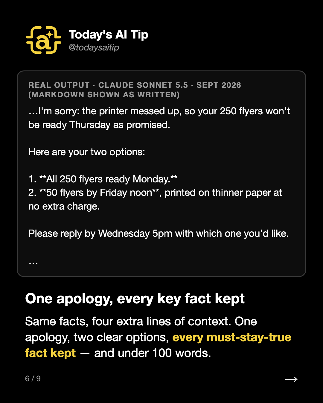 One apology, every key fact kept. Same facts, four extra lines of context. One apology, two clear options, every must-stay-true fact kept — and under 100 words.