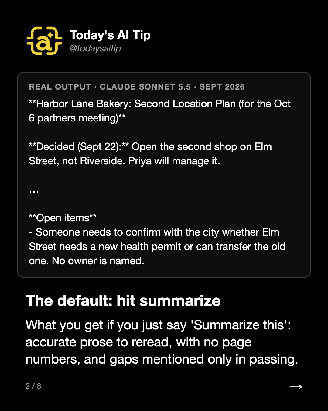 The default: hit summarize. What you get if you just say 'Summarize this': accurate prose to reread, with no page numbers, and gaps mentioned only in passing.