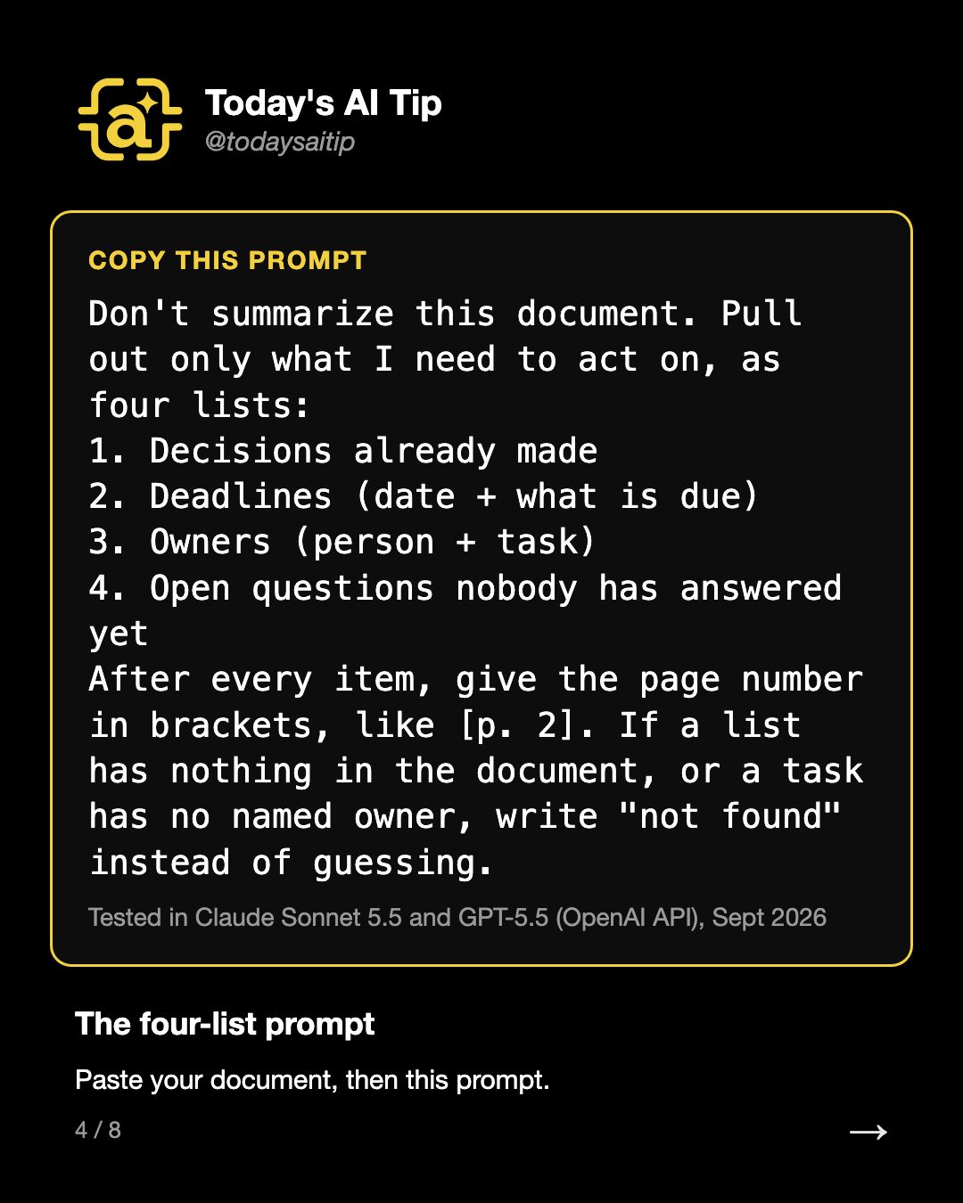 The four-list prompt. Paste your document, then this prompt.