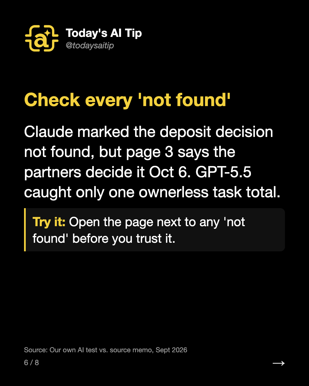 Check every 'not found'. Claude marked the deposit decision not found, but page 3 says the partners decide it Oct 6. GPT-5.5 caught only one ownerless task total.