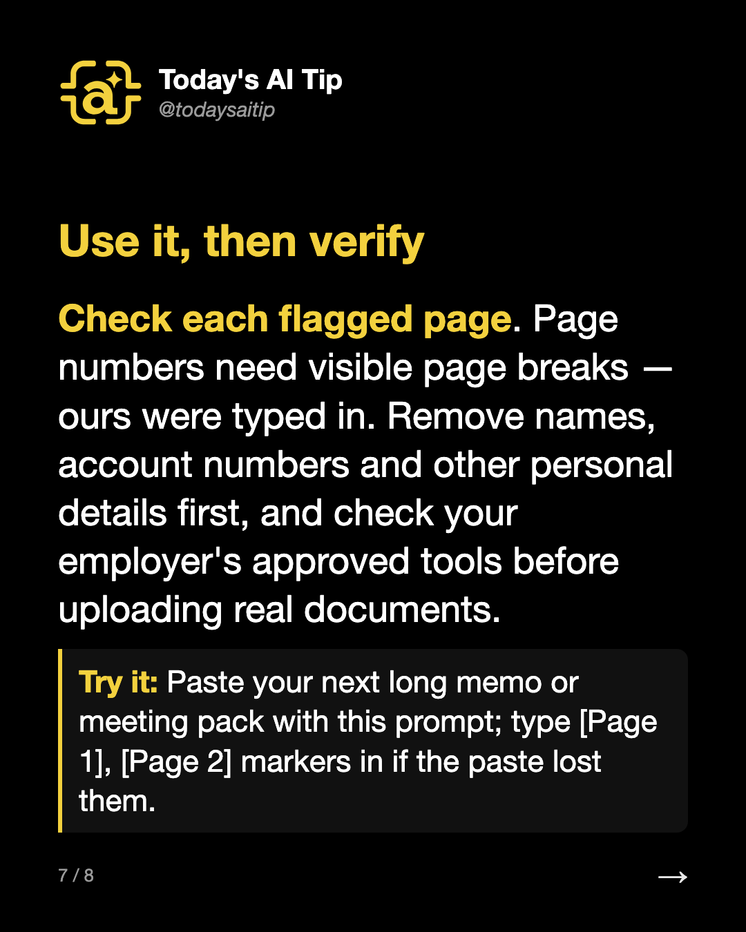 Use it, then verify. Check each flagged page. Page numbers need visible page breaks — ours were typed in. Remove names, account numbers and other personal details first, and check your employer's approved tools before uploading real documents.