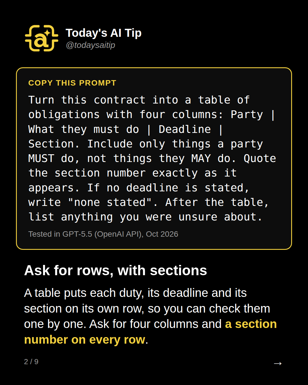 Ask for rows, with sections. A table puts each duty, its deadline and its section on its own row, so you can check them one by one. Ask for four columns and a section number on every row.