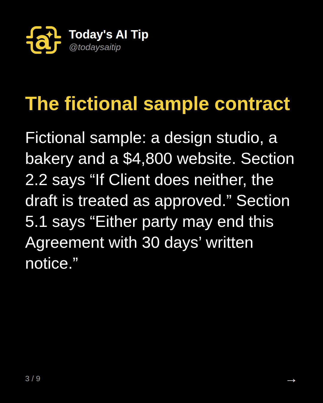 The fictional sample contract. Fictional sample: a design studio, a bakery and a $4,800 website. Section 2.2 says “If Client does neither, the draft is treated as approved.” Section 5.1 says “Either party may end this Agreement with 30 days’ written notice.”
