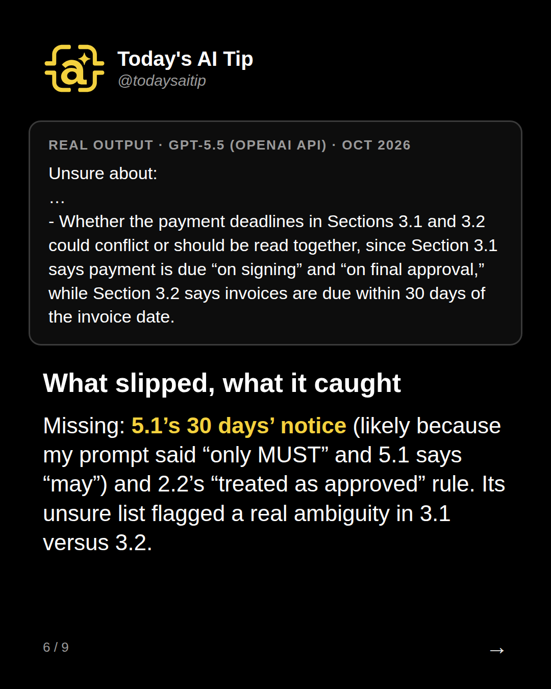 What slipped, what it caught. Missing: 5.1’s 30 days’ notice (likely because my prompt said “only MUST” and 5.1 says “may”) and 2.2’s “treated as approved” rule. Its unsure list flagged a real ambiguity in 3.1 versus 3.2.