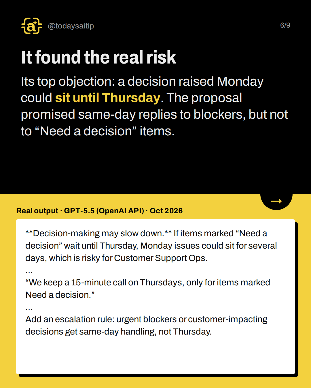 It found the real risk. Its top objection: a decision raised Monday could sit until Thursday. The proposal promised same-day replies to blockers, but not to “Need a decision” items.