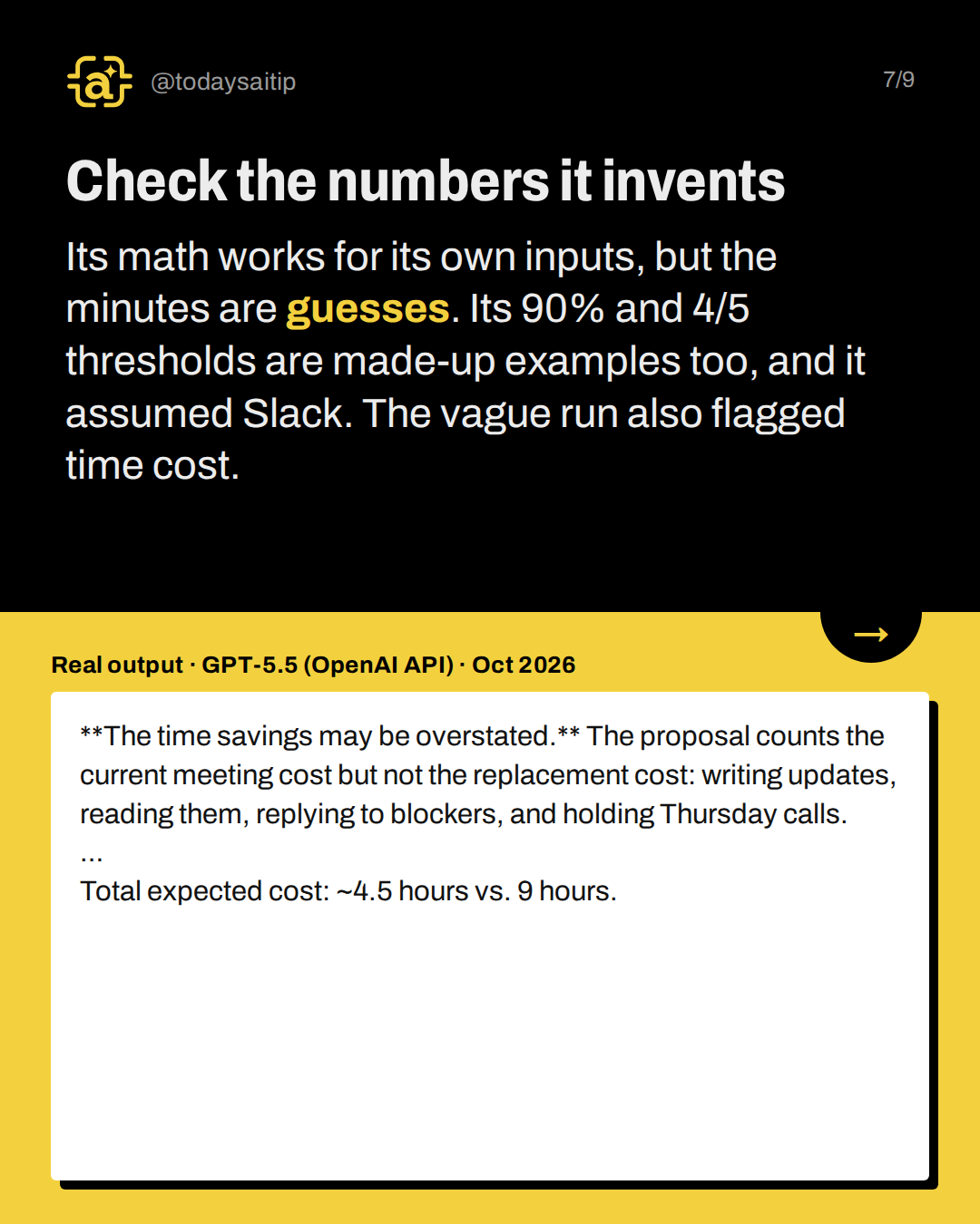 Check the numbers it invents. Its math works for its own inputs, but the minutes are guesses. Its 90% and 4/5 thresholds are made-up examples too, and it assumed Slack. The vague run also flagged time cost.