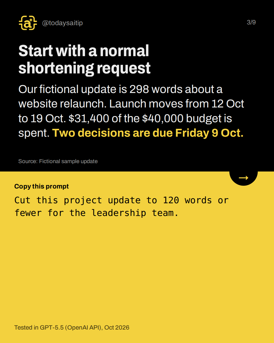 Start with a normal shortening request. Our fictional update is 298 words about a website relaunch. Launch moves from 12 Oct to 19 Oct. $31,400 of the $40,000 budget is spent. Two decisions are due Friday 9 Oct.