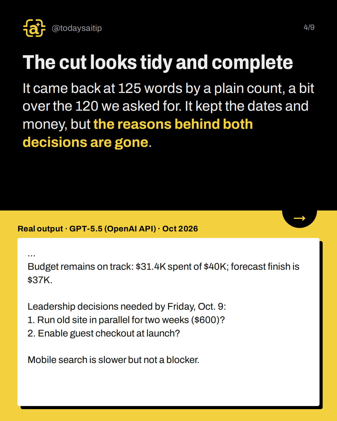 The cut looks tidy and complete. It came back at 125 words by a plain count, a bit over the 120 we asked for. It kept the dates and money, but the reasons behind both decisions are gone.