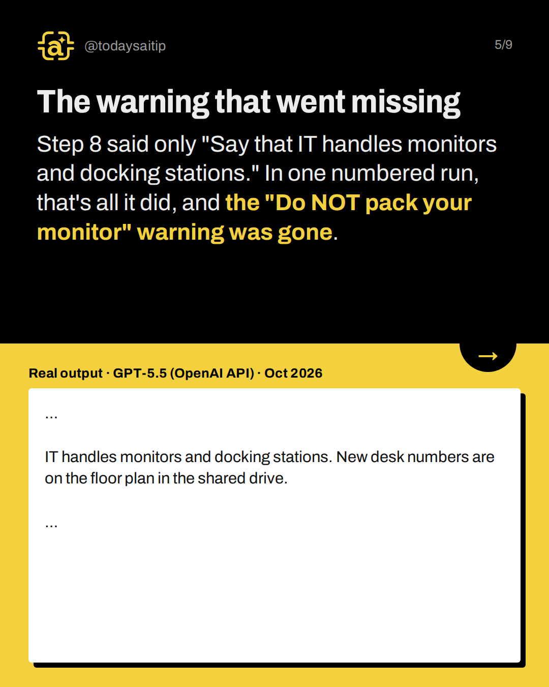 The warning that went missing. Step 8 said only "Say that IT handles monitors and docking stations." In one numbered run, that's all it did, and the "Do NOT pack your monitor" warning was gone.