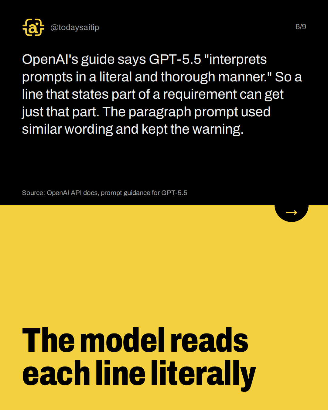 The model reads each line literally. OpenAI's guide says GPT-5.5 "interprets prompts in a literal and thorough manner." So a line that states part of a requirement can get just that part. The paragraph prompt used similar wording and kept the warning.