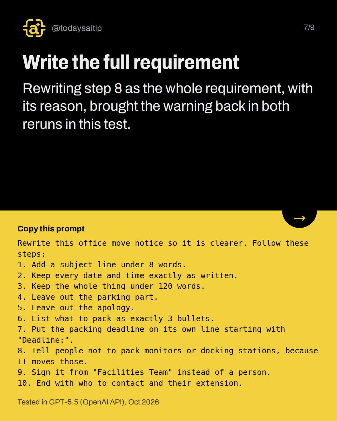 Write the full requirement. Rewriting step 8 as the whole requirement, with its reason, brought the warning back in both reruns in this test.