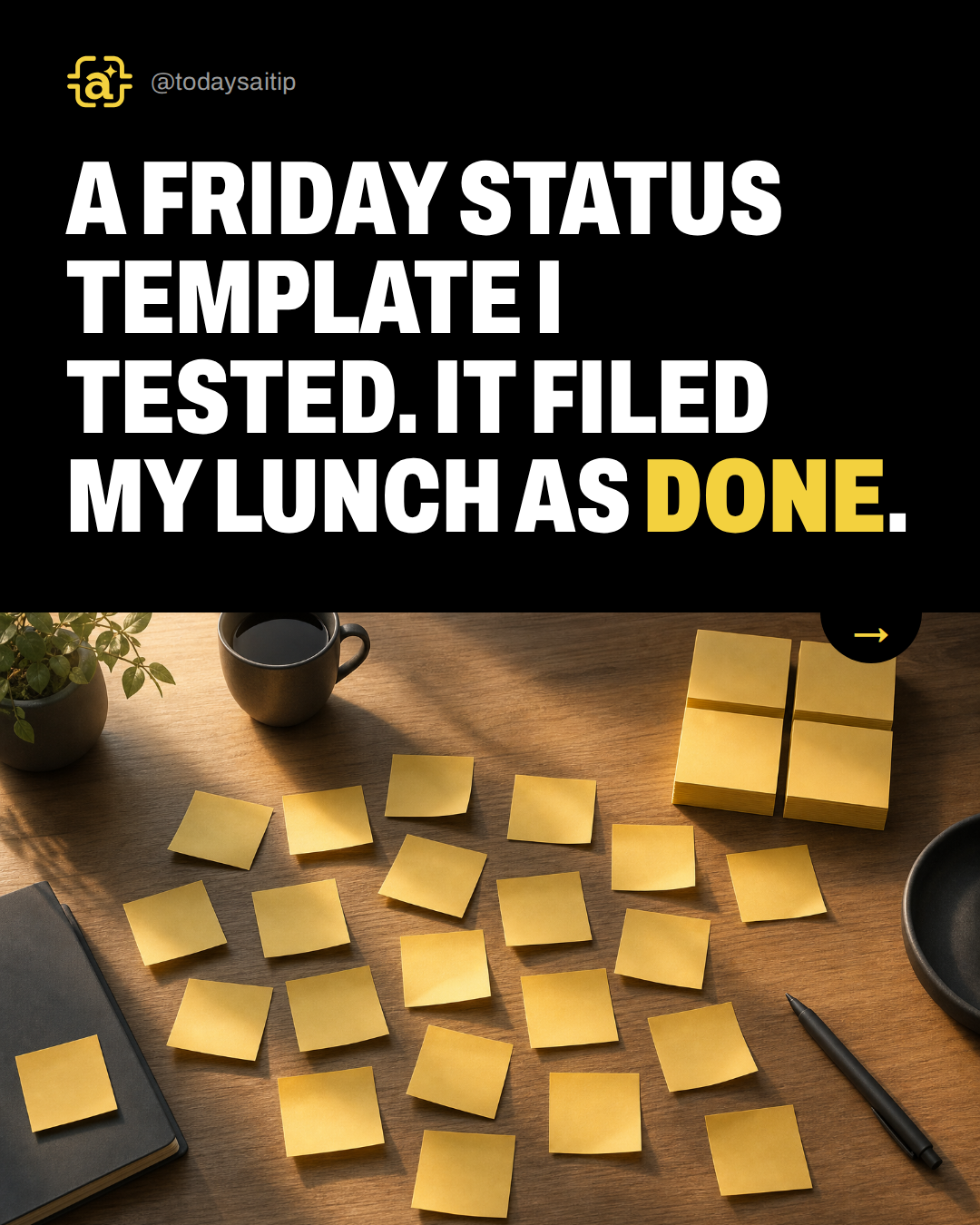 A Friday status template I tested. It filed my lunch as Done.