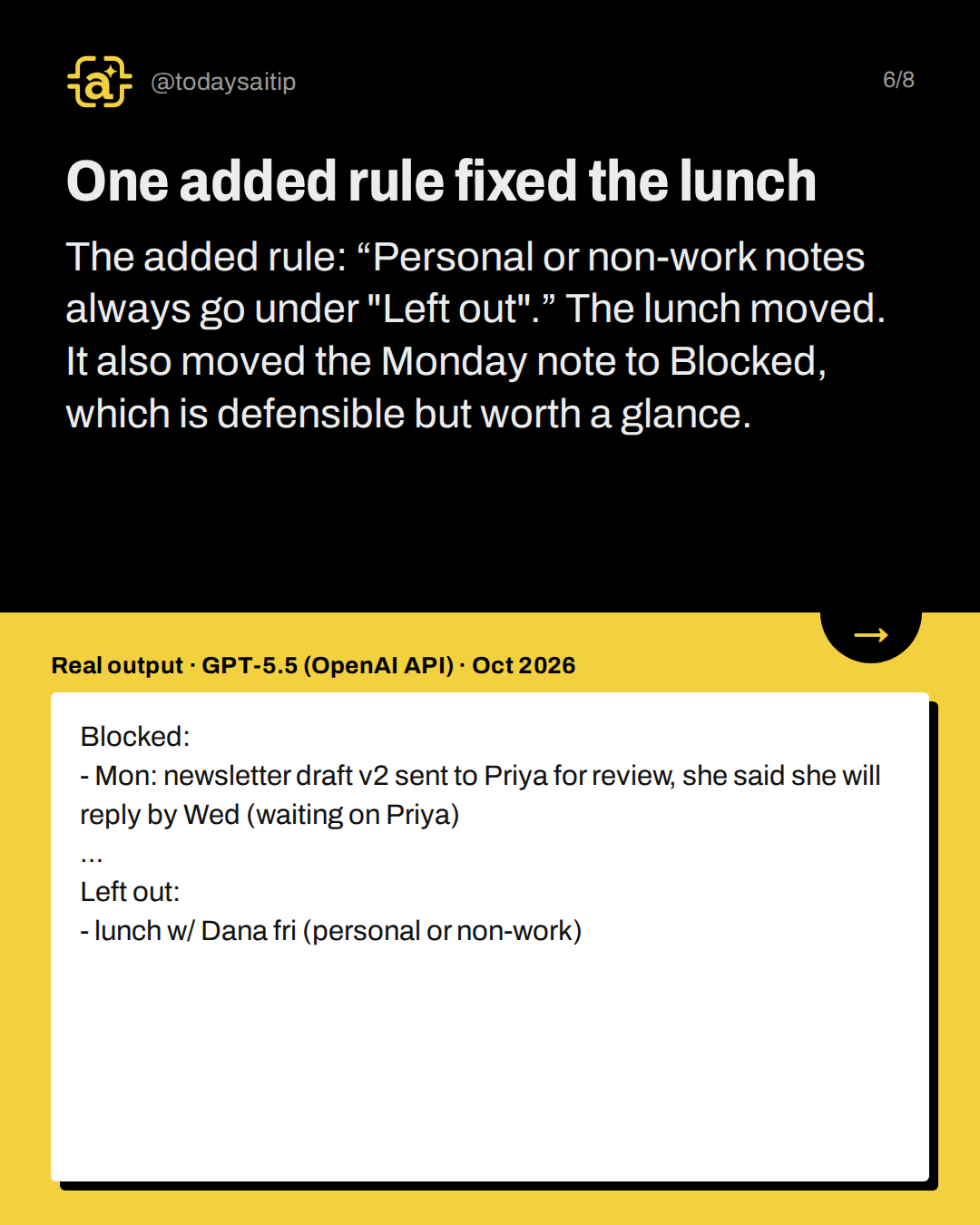 One added rule fixed the lunch. The added rule: “Personal or non-work notes always go under "Left out".” The lunch moved. It also moved the Monday note to Blocked, which is defensible but worth a glance.