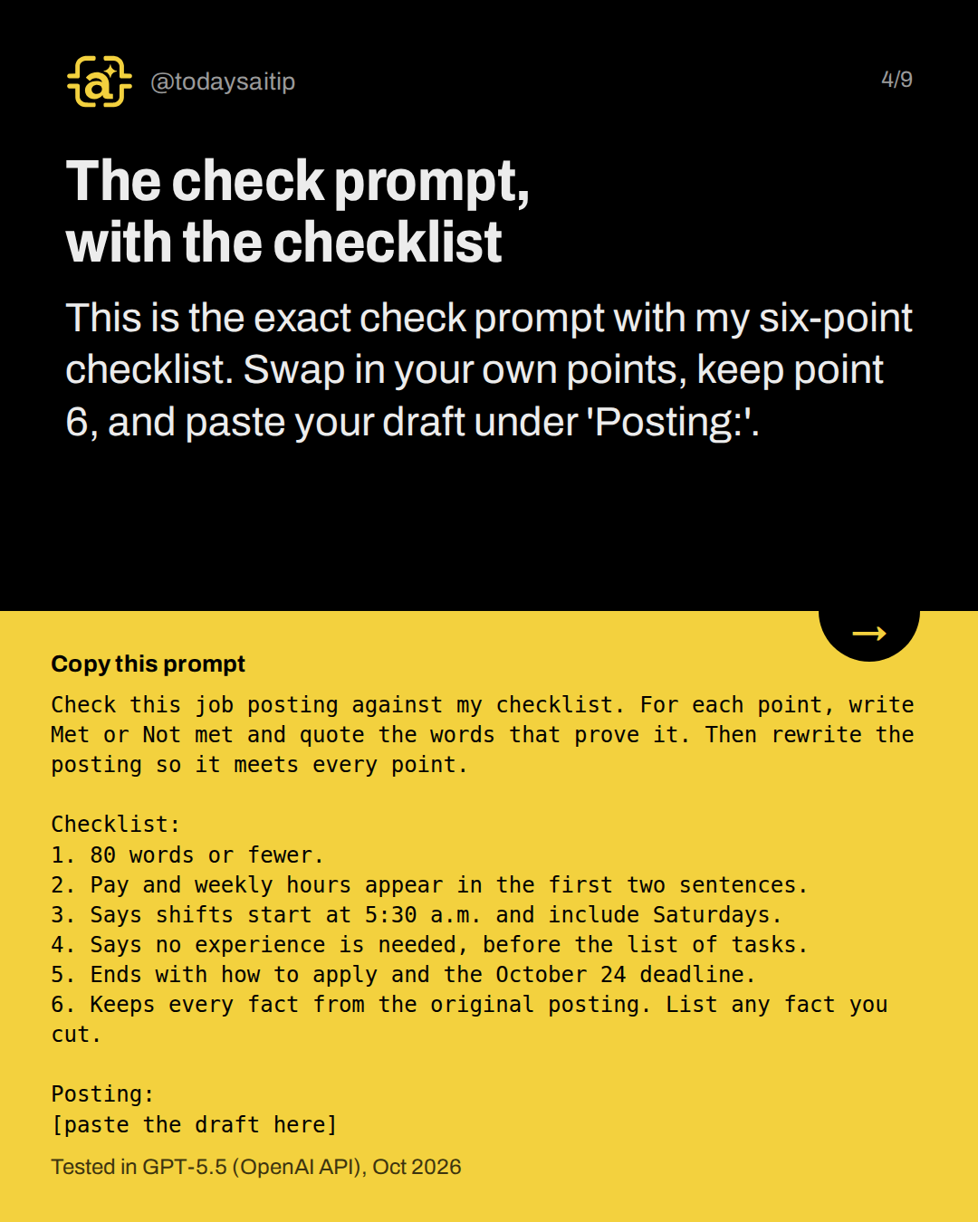 The check prompt, with the checklist. This is the exact check prompt with my six-point checklist. Swap in your own points, keep point 6, and paste your draft under 'Posting:'.