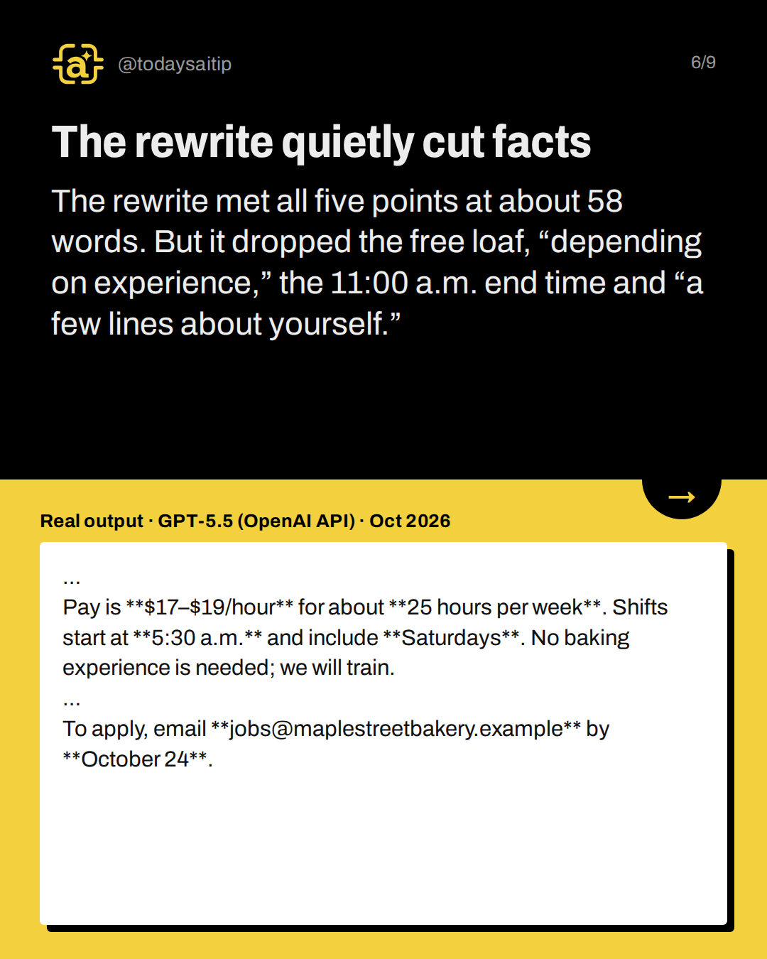 The rewrite quietly cut facts. The rewrite met all five points at about 58 words. But it dropped the free loaf, “depending on experience,” the 11:00 a.m. end time and “a few lines about yourself.”