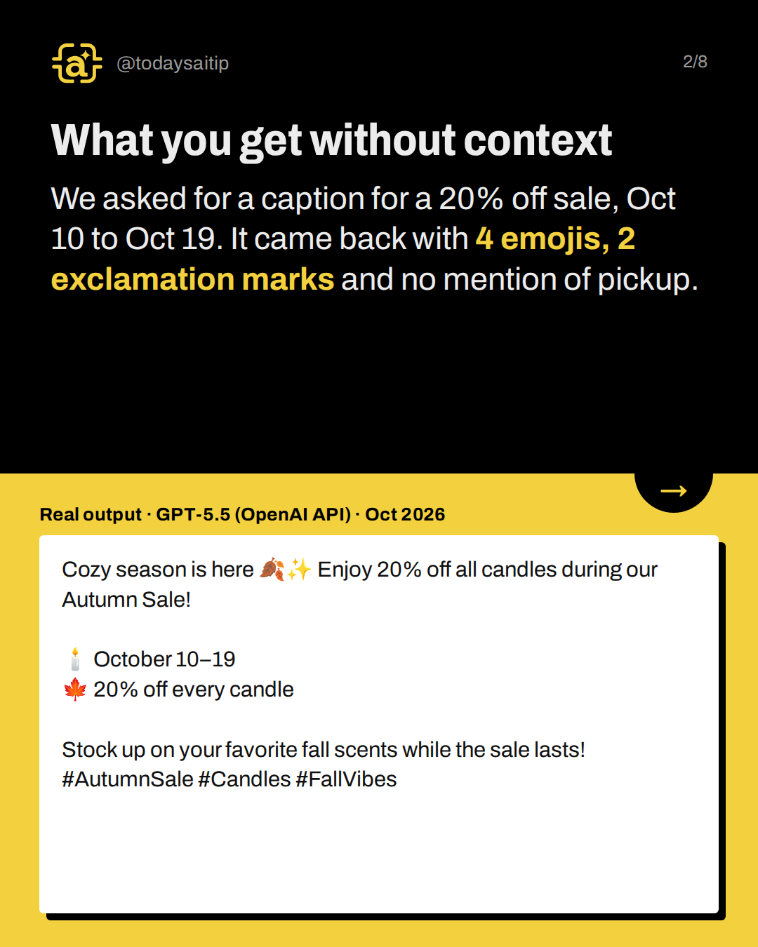 What you get without context. We asked for a caption for a 20% off sale, Oct 10 to Oct 19. It came back with 4 emojis, 2 exclamation marks and no mention of pickup.