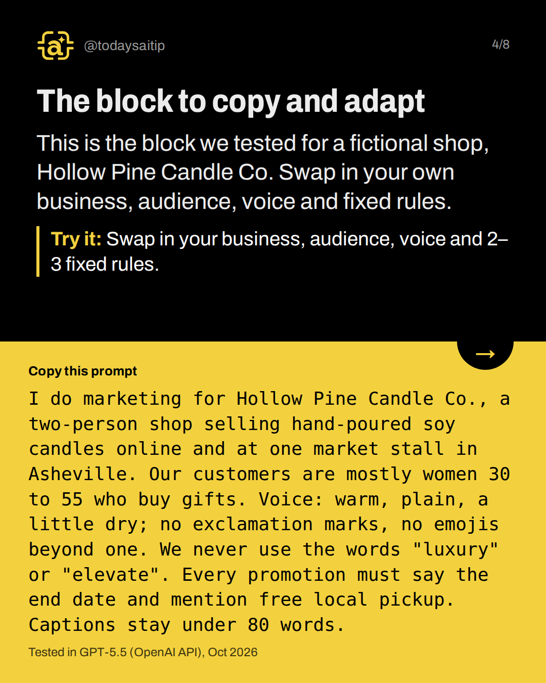 The block to copy and adapt. This is the block we tested for a fictional shop, Hollow Pine Candle Co. Swap in your own business, audience, voice and fixed rules.
