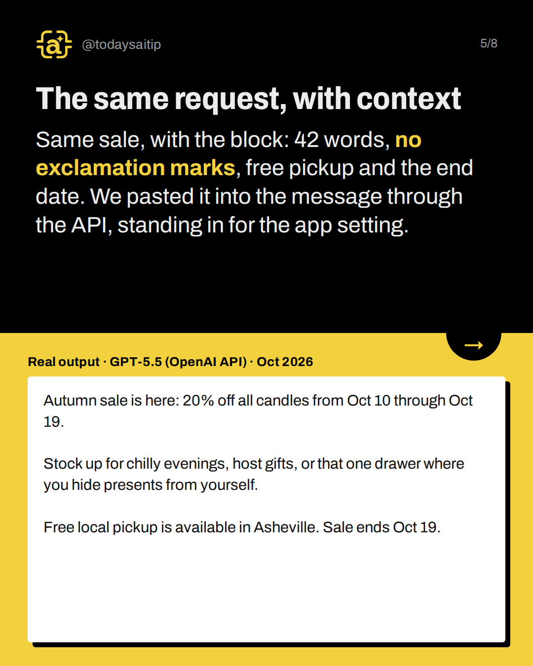 The same request, with context. Same sale, with the block: 42 words, no exclamation marks, free pickup and the end date. We pasted it into the message through the API, standing in for the app setting.