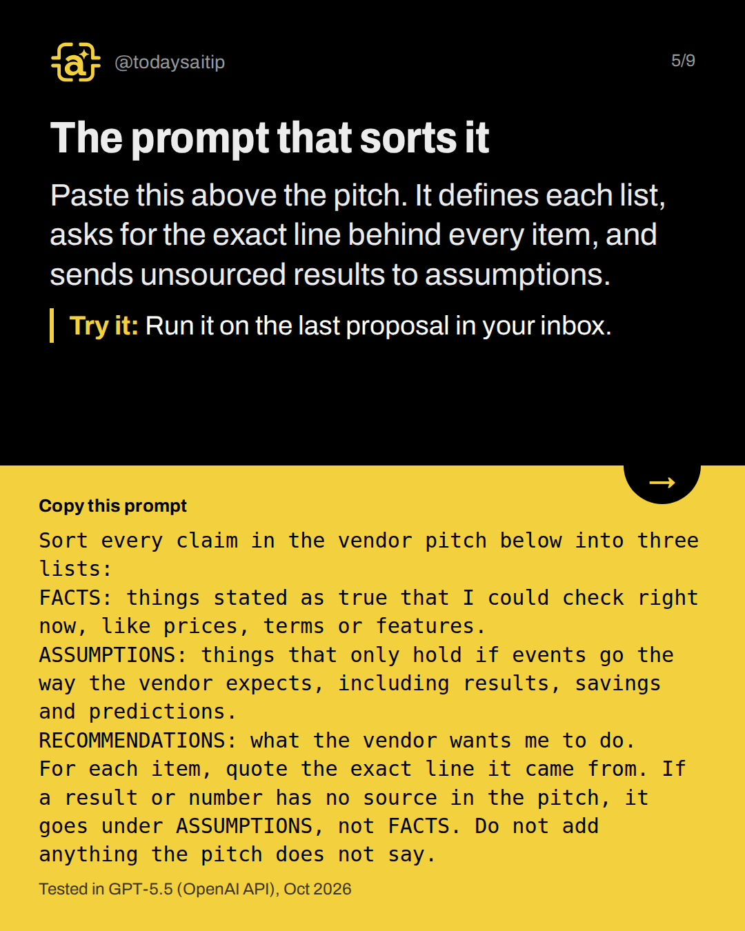 The prompt that sorts it. Paste this above the pitch. It defines each list, asks for the exact line behind every item, and sends unsourced results to assumptions.