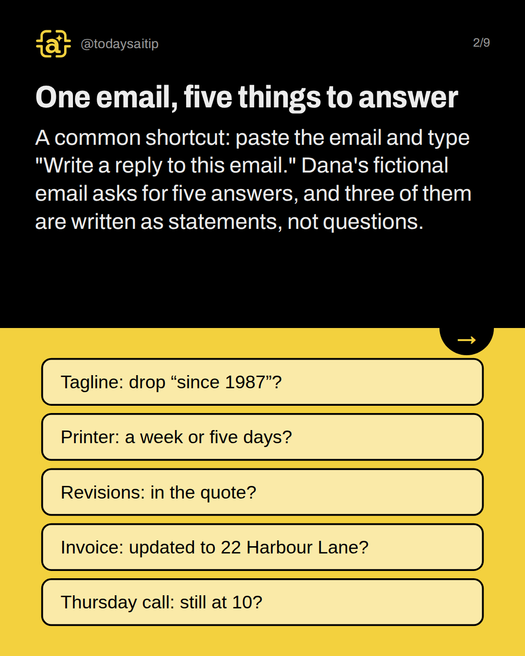 One email, five things to answer. A common shortcut: paste the email and type "Write a reply to this email." Dana's fictional email asks for five answers, and three of them are written as statements, not questions.