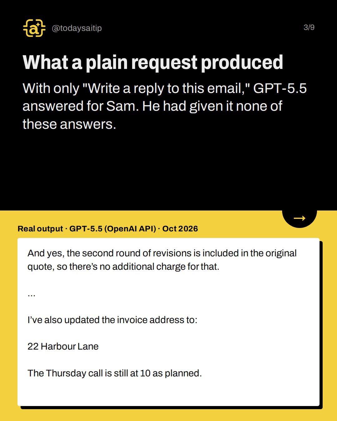 What a plain request produced. With only "Write a reply to this email," GPT-5.5 answered for Sam. He had given it none of these answers.