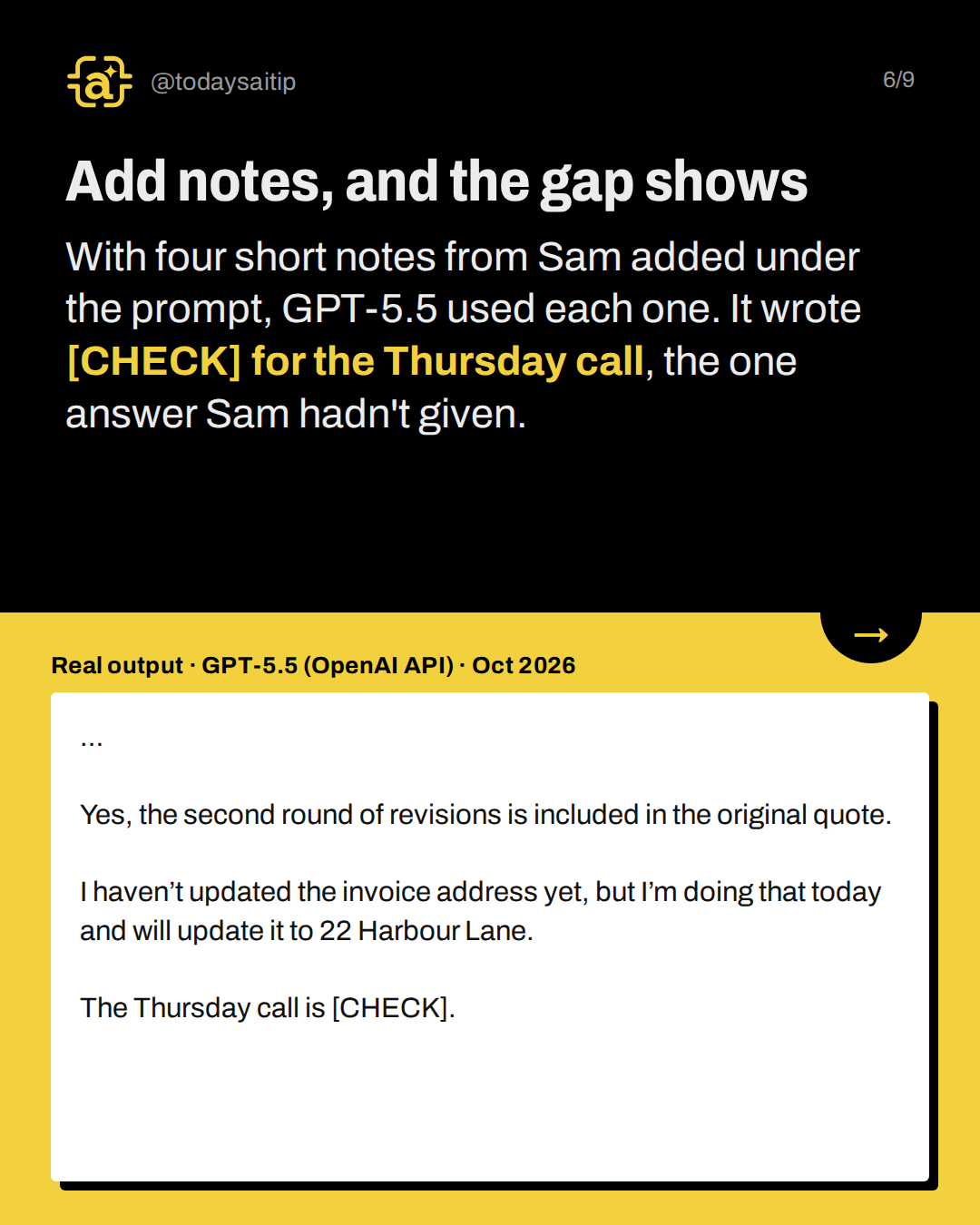 Add notes, and the gap shows. With four short notes from Sam added under the prompt, GPT-5.5 used each one. It wrote [CHECK] for the Thursday call, the one answer Sam hadn't given.