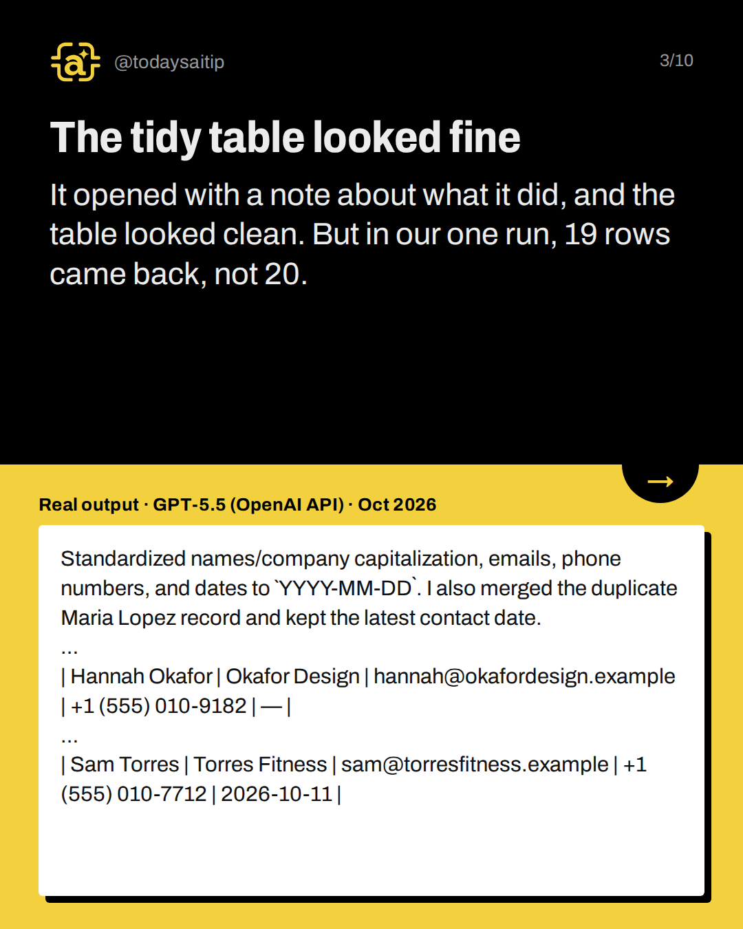 The tidy table looked fine. It opened with a note about what it did, and the table looked clean. But in our one run, 19 rows came back, not 20.