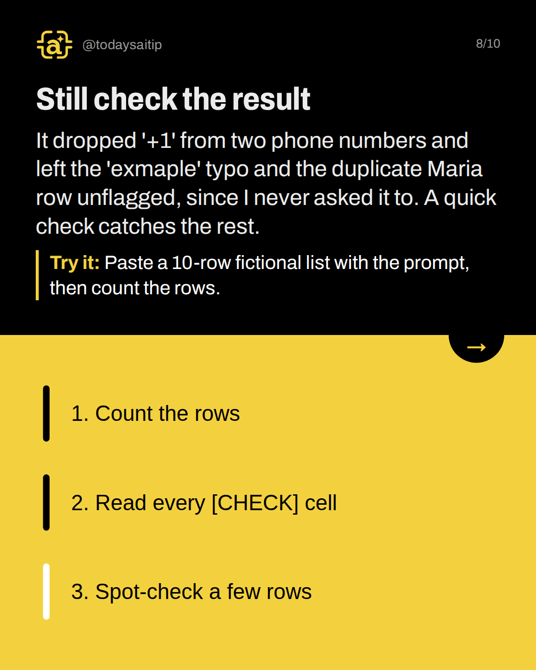 Still check the result. It dropped '+1' from two phone numbers and left the 'exmaple' typo and the duplicate Maria row unflagged, since I never asked it to. A quick check catches the rest.