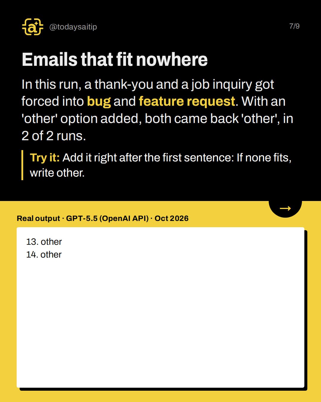 Emails that fit nowhere. In this run, a thank-you and a job inquiry got forced into bug and feature request. With an 'other' option added, both came back 'other', in 2 of 2 runs.