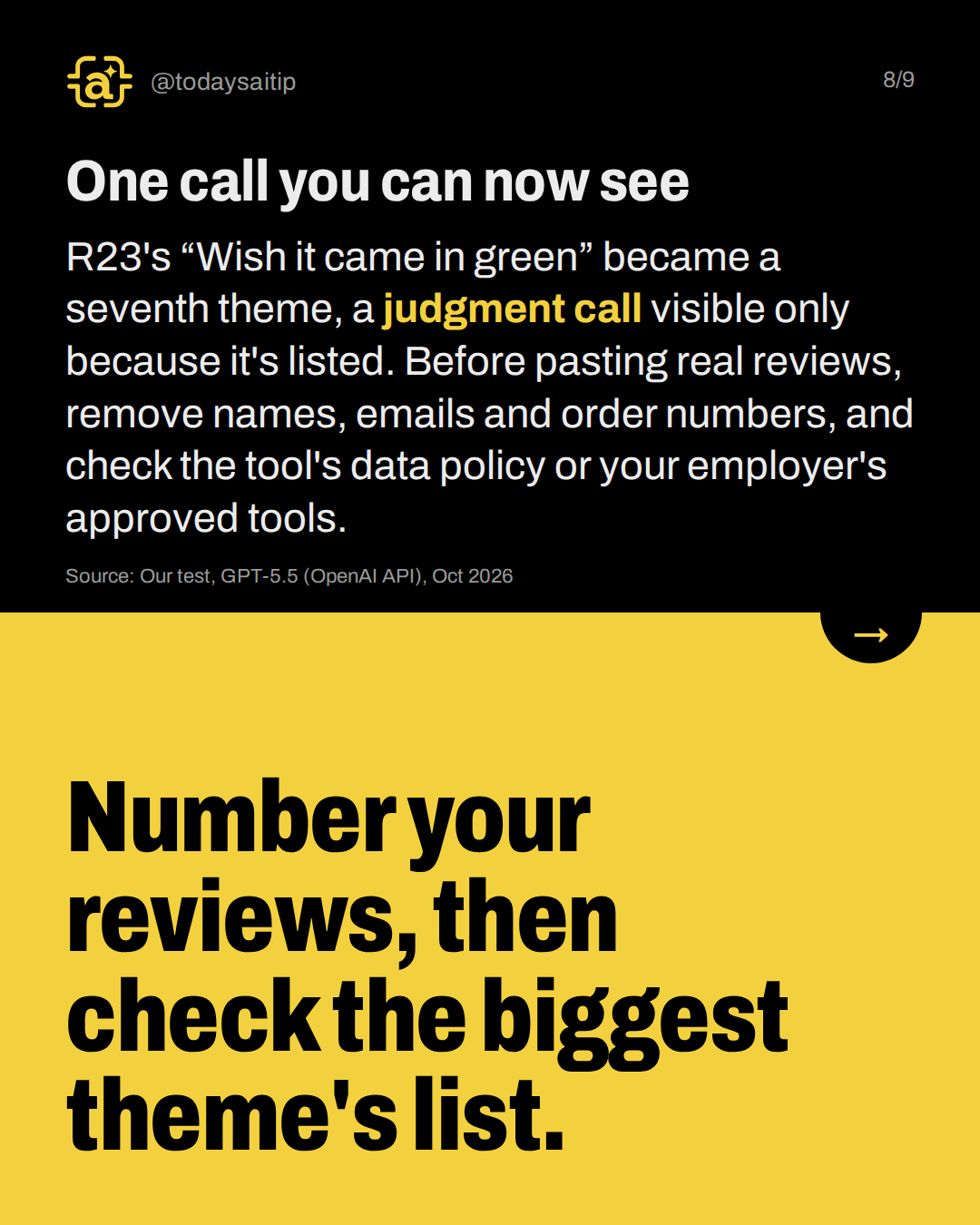 One call you can now see. R23's “Wish it came in green” became a seventh theme, a judgment call visible only because it's listed. Before pasting real reviews, remove names, emails and order numbers, and check the tool's data policy or your employer's approved tools.