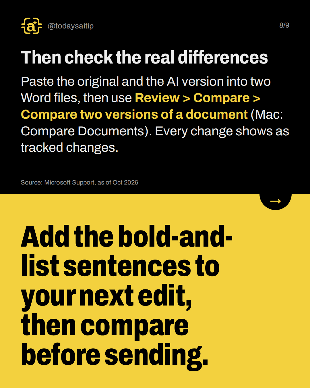 Then check the real differences. Paste the original and the AI version into two Word files, then use Review > Compare > Compare two versions of a document (Mac: Compare Documents). Every change shows as tracked changes.