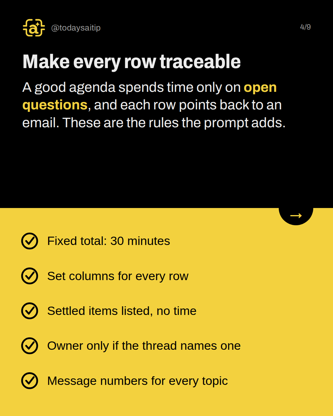 Make every row traceable. A good agenda spends time only on open questions, and each row points back to an email. These are the rules the prompt adds.