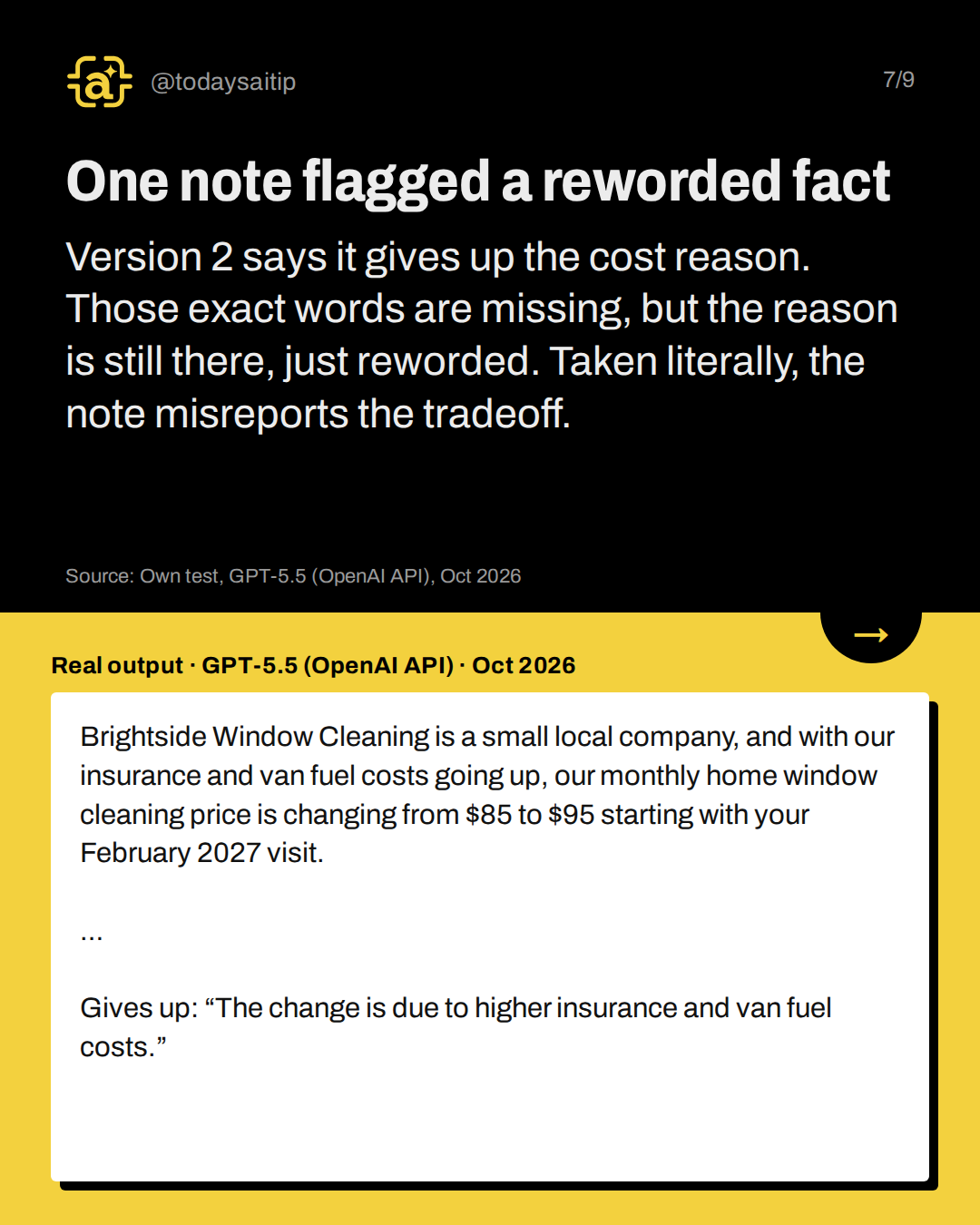One note flagged a reworded fact. Version 2 says it gives up the cost reason. Those exact words are missing, but the reason is still there, just reworded. Taken literally, the note misreports the tradeoff.
