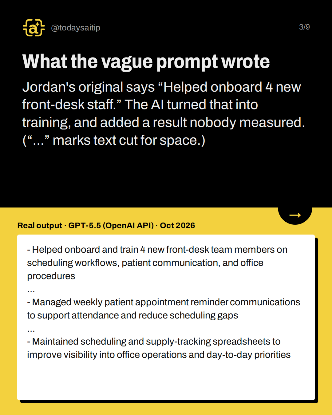 What the vague prompt wrote. Jordan's original says “Helped onboard 4 new front-desk staff.” The AI turned that into training, and added a result nobody measured. (“…” marks text cut for space.)