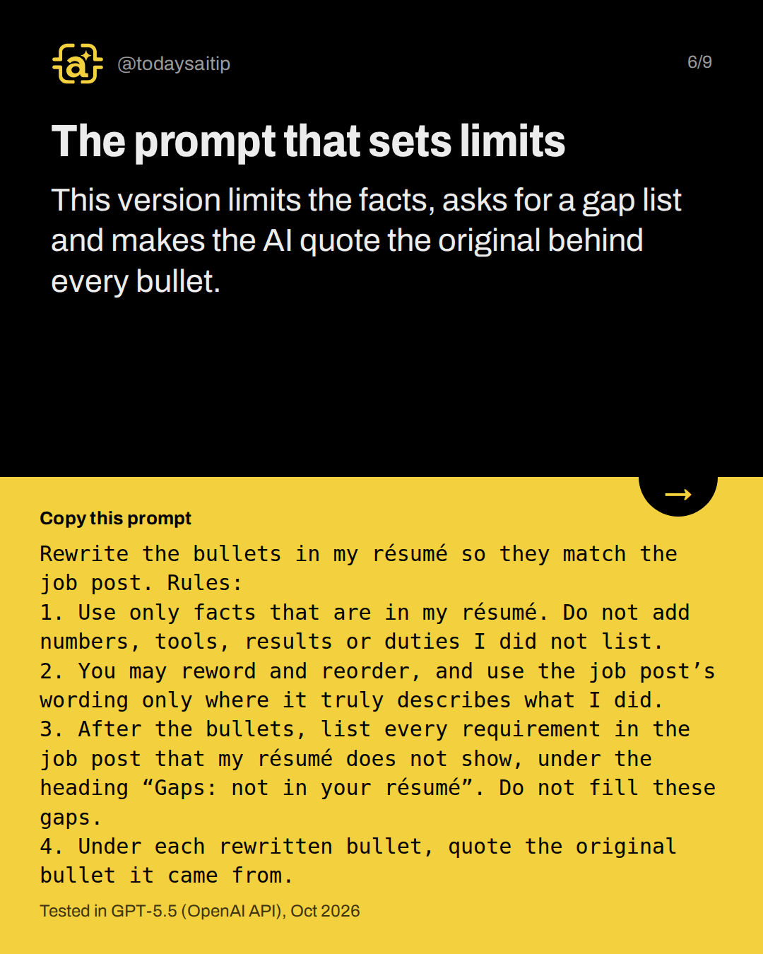 The prompt that sets limits. This version limits the facts, asks for a gap list and makes the AI quote the original behind every bullet.
