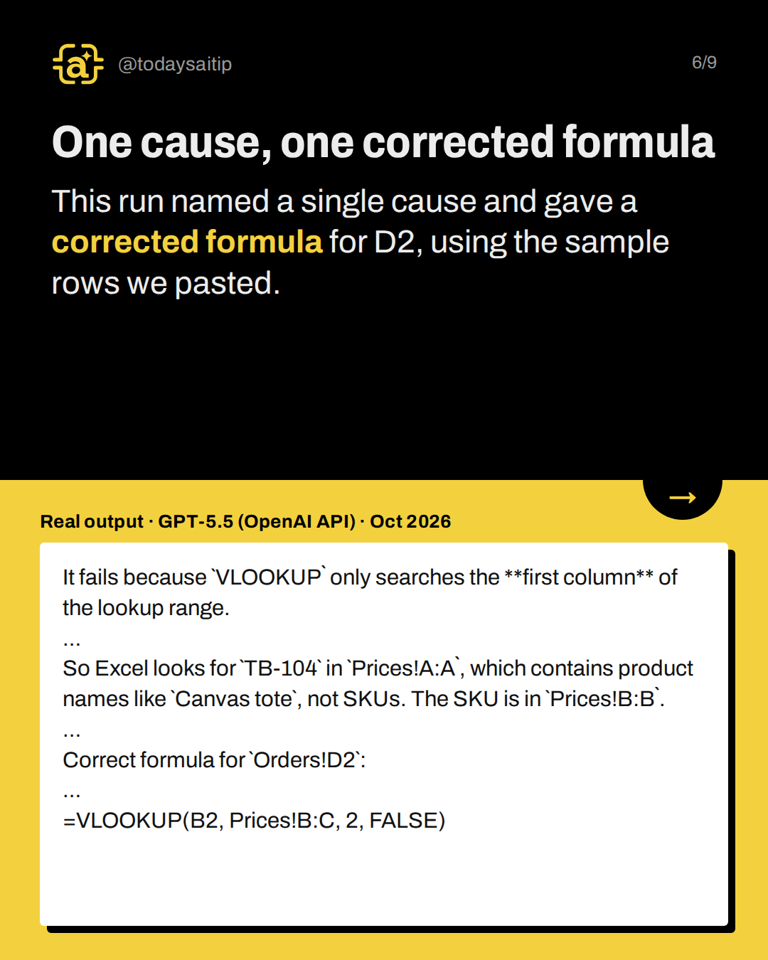 One cause, one corrected formula. This run named a single cause and gave a corrected formula for D2, using the sample rows we pasted.