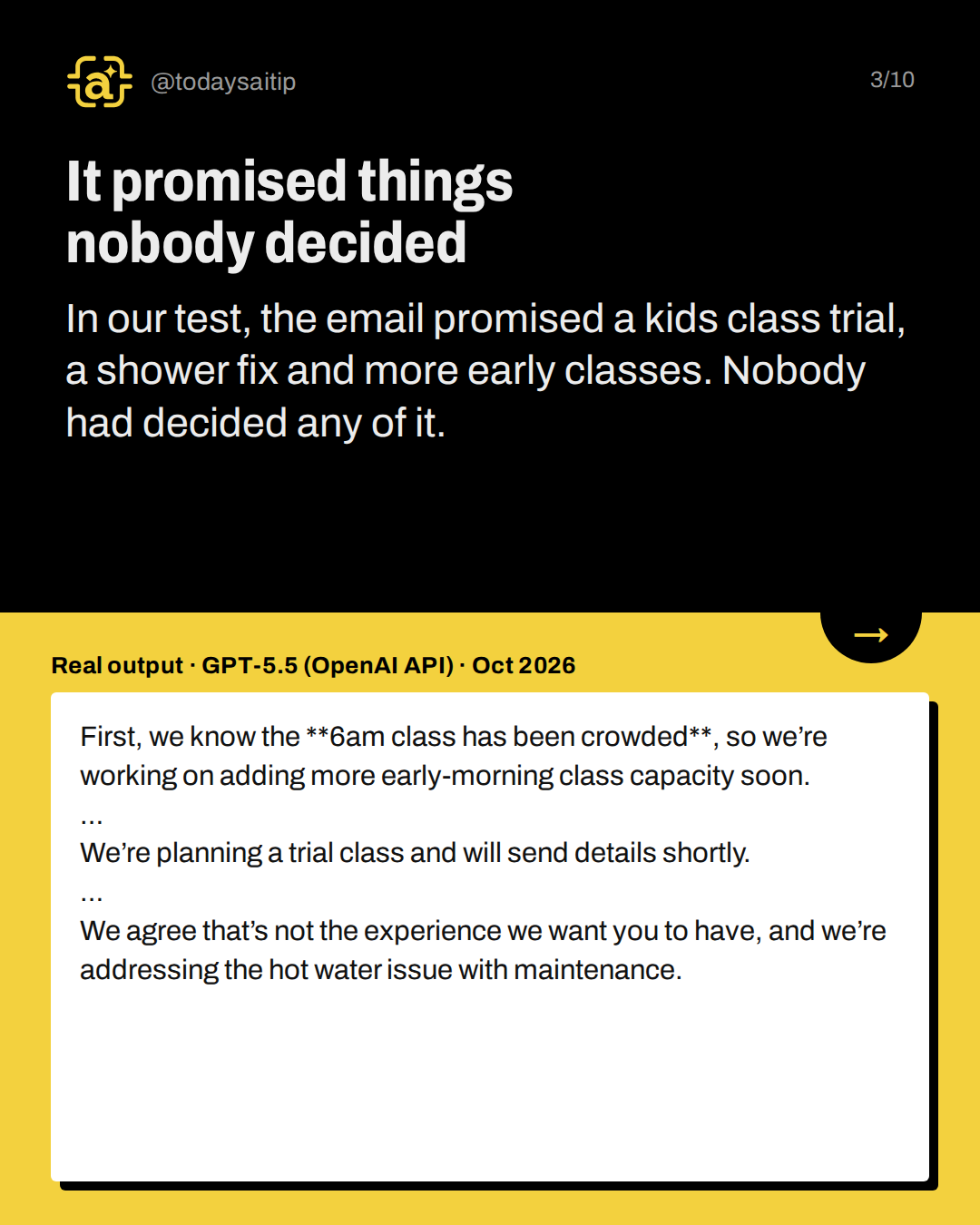 It promised things nobody decided. In our test, the email promised a kids class trial, a shower fix and more early classes. Nobody had decided any of it.