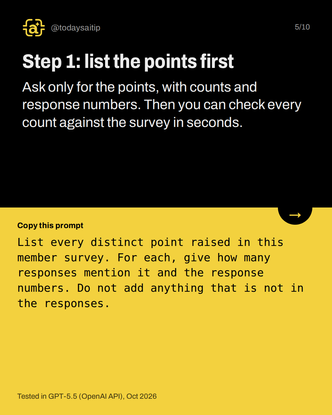 Step 1: list the points first. Ask only for the points, with counts and response numbers. Then you can check every count against the survey in seconds.