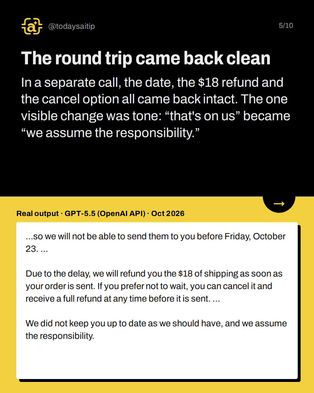 The round trip came back clean. In a separate call, the date, the $18 refund and the cancel option all came back intact. The one visible change was tone: “that's on us” became “we assume the responsibility.”