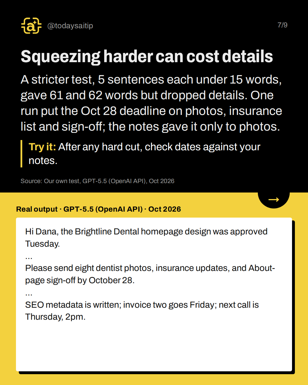 Squeezing harder can cost details. A stricter test, 5 sentences each under 15 words, gave 61 and 62 words but dropped details. One run put the Oct 28 deadline on photos, insurance list and sign-off; the notes gave it only to photos.