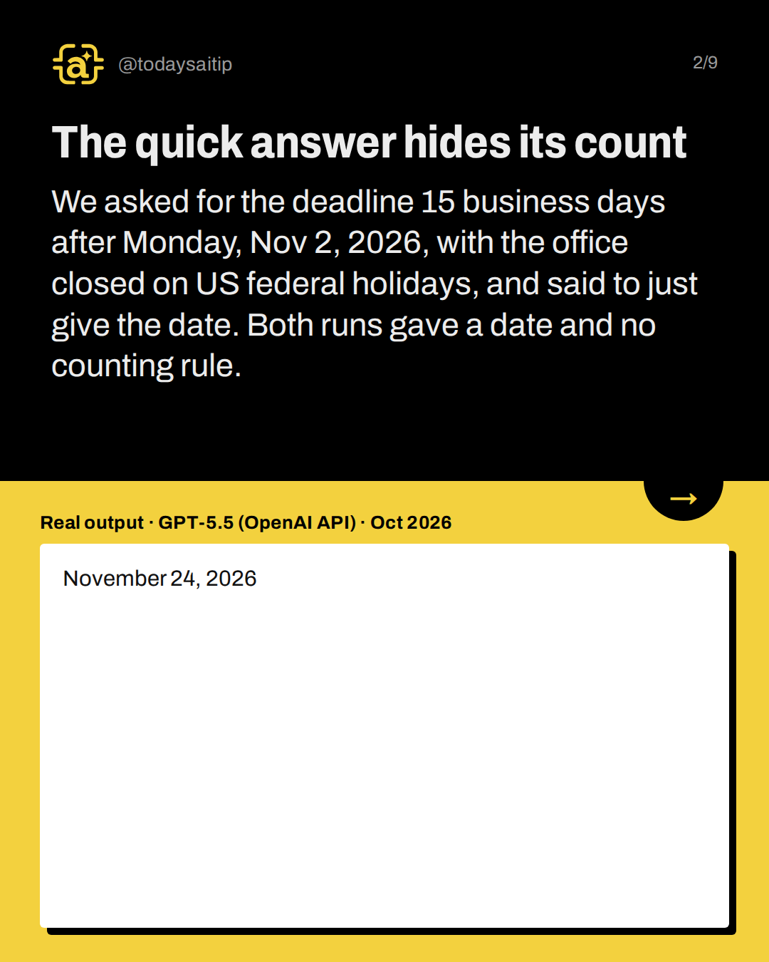 The quick answer hides its count. We asked for the deadline 15 business days after Monday, Nov 2, 2026, with the office closed on US federal holidays, and said to just give the date. Both runs gave a date and no counting rule.