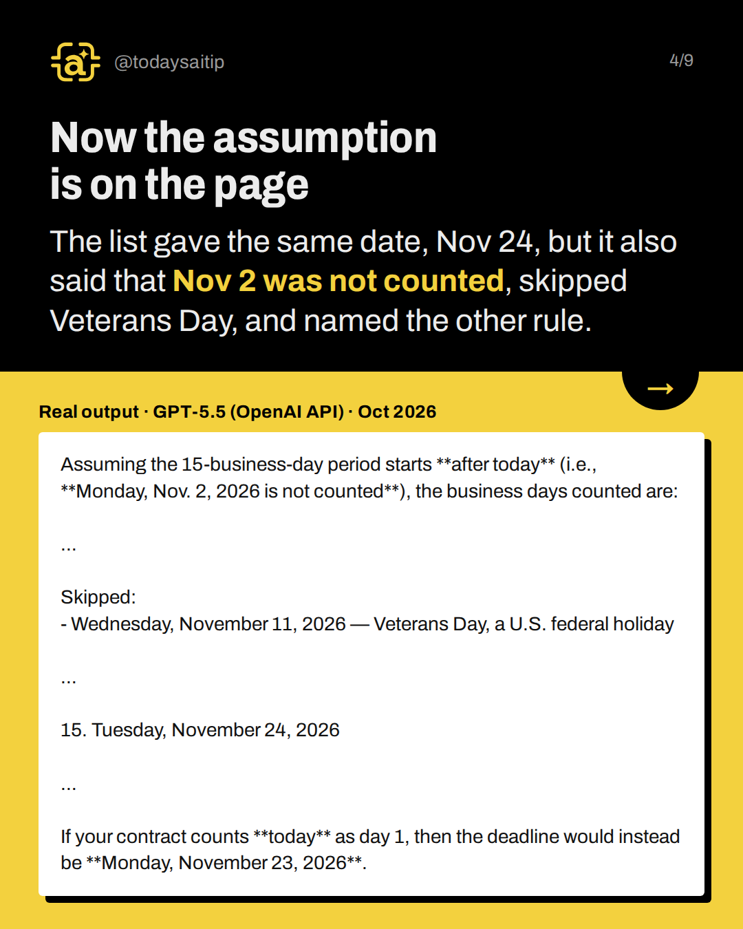 Now the assumption is on the page. The list gave the same date, Nov 24, but it also said that Nov 2 was not counted, skipped Veterans Day, and named the other rule.