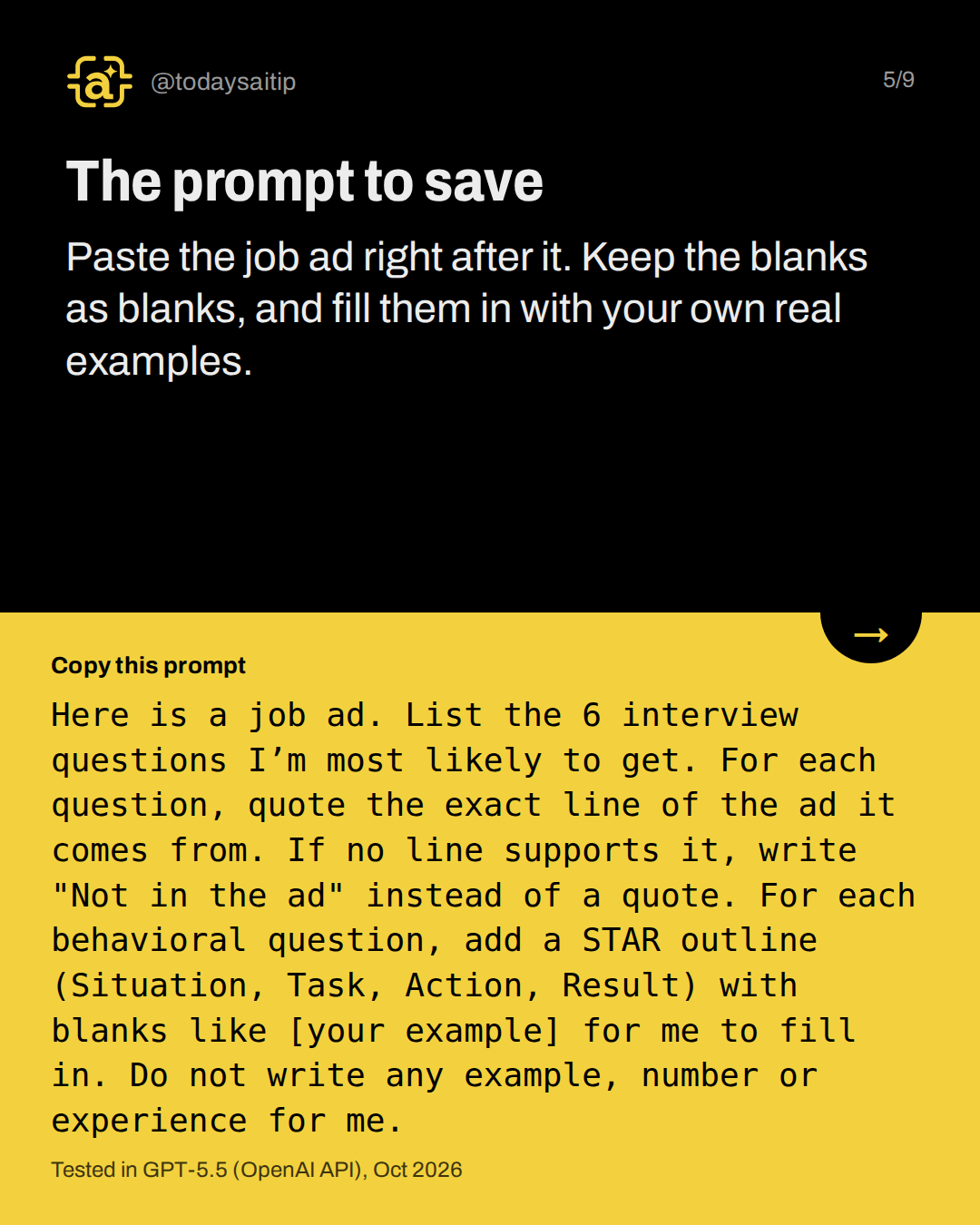 The prompt to save. Paste the job ad right after it. Keep the blanks as blanks, and fill them in with your own real examples.