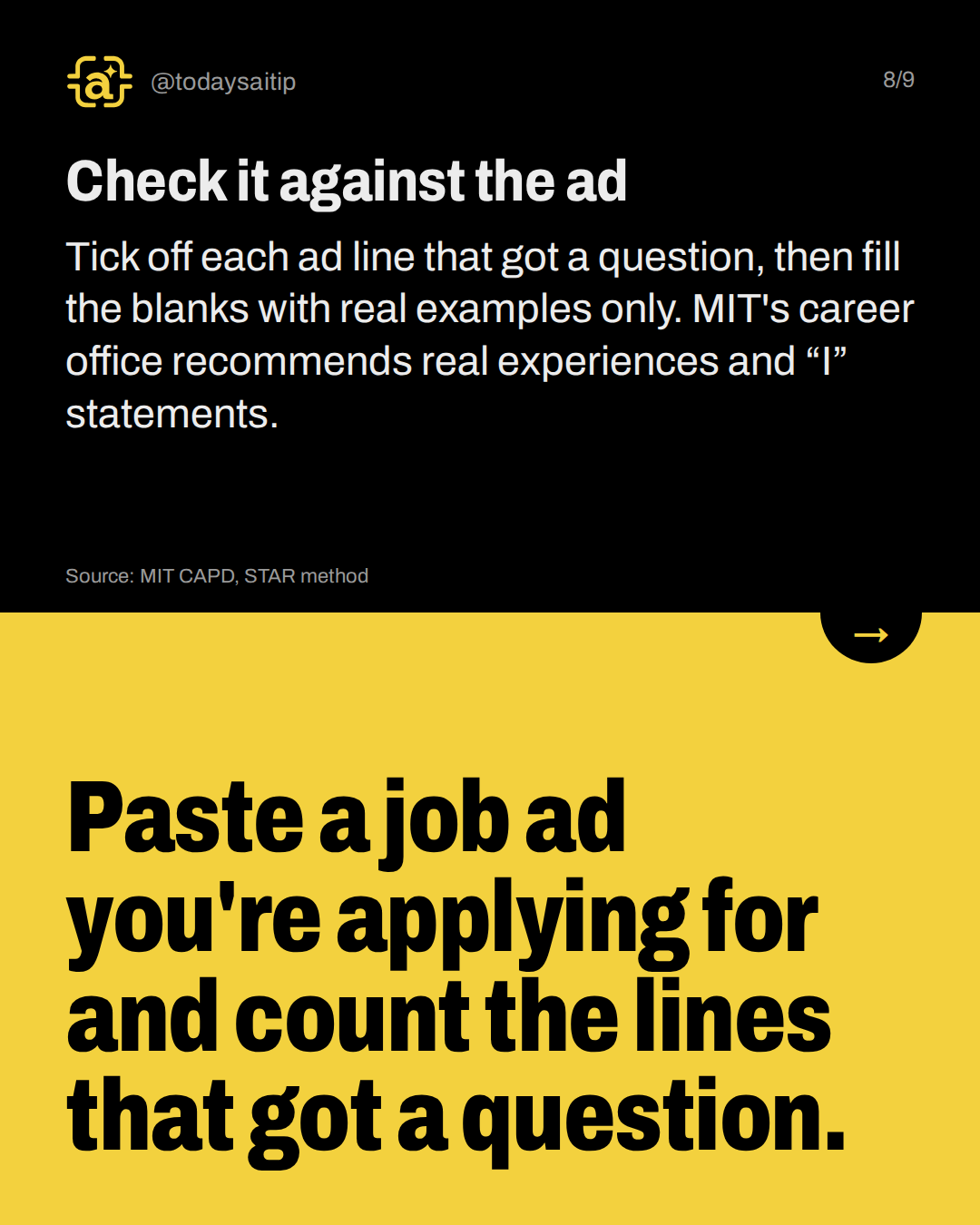 Check it against the ad. Tick off each ad line that got a question, then fill the blanks with real examples only. MIT's career office recommends real experiences and “I” statements.