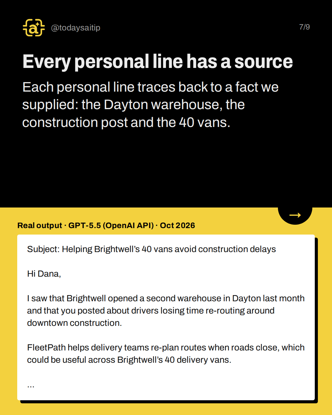 Every personal line has a source. Each personal line traces back to a fact we supplied: the Dayton warehouse, the construction post and the 40 vans.