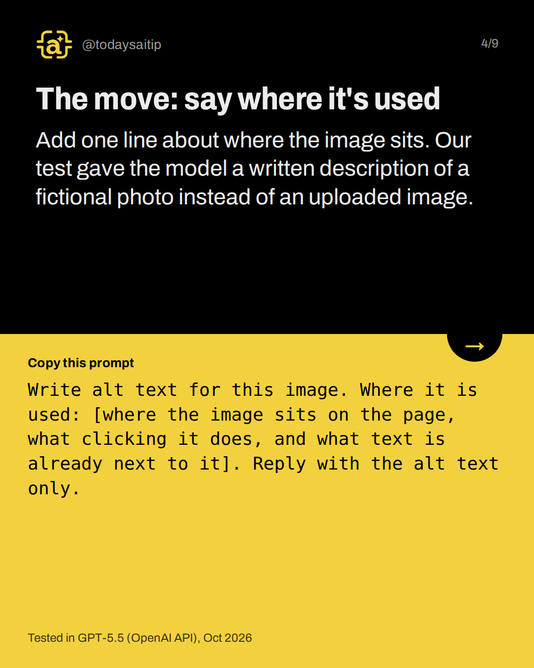 The move: say where it's used. Add one line about where the image sits. Our test gave the model a written description of a fictional photo instead of an uploaded image.