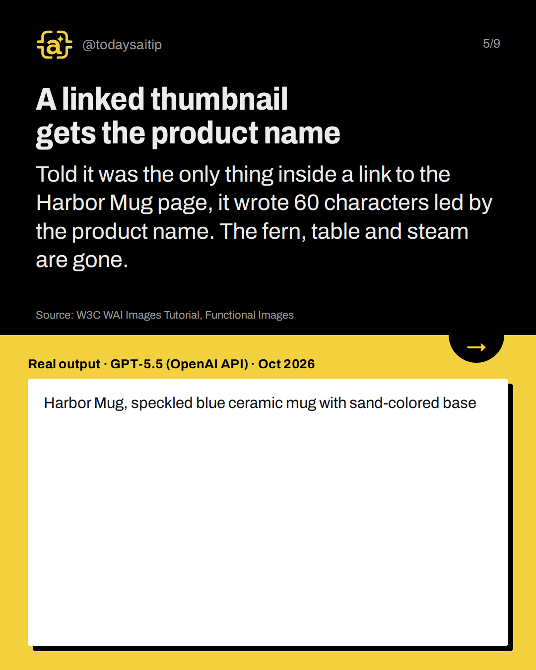 A linked thumbnail gets the product name. Told it was the only thing inside a link to the Harbor Mug page, it wrote 60 characters led by the product name. The fern, table and steam are gone.